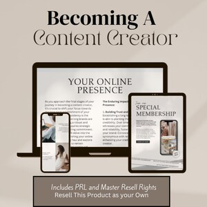 Op de afbeelding: Een laptop, tablet en smartphone tonen een digitaal product met de titel "Content Creator worden: Uw online aanwezigheid". Het product bevat informatie over het opbouwen van vertrouwen en het creëren van een langdurige online aanwezigheid. De tekst "Speciaal lidmaatschap" is ook zichtbaar op het tabletscherm. De afbeelding bevat de tekst "Bevat PRL- en Master-wederverkooprechten. Verkoop dit product als uw eigen."
