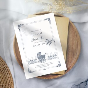 Elegante toile de jouy-babyshoweruitnodiging, stoffige blauwe afdrukbare babyuitnodiging, canvassjabloon, digitale babyshowerkaart, toile-afdruk