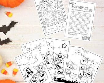 May include: A collection of Halloween-themed activity sheets, featuring black and white illustrations of pumpkins, ghosts, witches, and cats. Includes an "I Spy" game and a word search puzzle. Perfect for kids' Halloween activities.