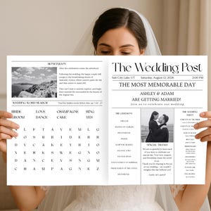 以下が含まれることがあります： 花嫁が「The Wedding Post」というタイトルの新聞スタイルの結婚発表を持っています。発表には、結婚式の詳細、単語検索、カップルの写真が含まれています。日付は2026年8月12日です。