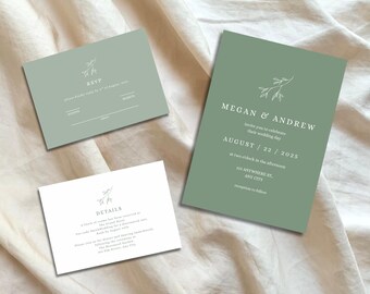 May include: Three wedding stationery cards in sage green and white. The invitation card reads "Megan & Andrew" and the date "August 22 / 2025". The RSVP and details cards are also included.
