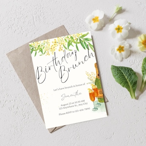 Plantilla de invitación para brunch de cumpleaños, invitación editable para fiesta de mimosa, brunch con champán imprimible, descarga digital en Canva, descarga instantánea