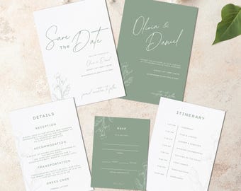 Editable Minimalist Wedding Invitation Template Bundle, Save The Date, Details, Itinerary Cards, RSVP Card, Green Wedding Invitation Set
