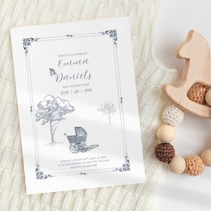 Convite Vintage para Chá de Bebê em Tecido Azul | Convite para Bebê Editável para Imprimir | Modelo Canva | Cartão Elegante para Chá de Bebê com Inspiração Francesa