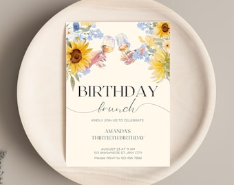 Invito per il brunch del 30° compleanno, invito digitale per il 30° compleanno, invito per il brunch estivo, download modificabile, brindisi con calici di vino