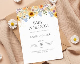 Editable Baby In Bloom Baby Shower Invitation, Printable Baby In Bloom Canva Template Invite, Digital Download, Floral Baby Shower Invite