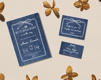 Blue Jean Editable Baby Shower Invitation Bundle, Demin Invitation Set, Canva Editable Invite, Rustic Western Baby Card, Digital Download