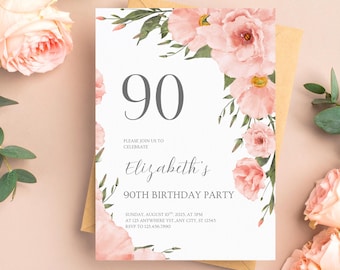 Peut inclure: Une invitation de fête pour le 90e anniversaire avec des éléments floraux. L'invitation présente le chiffre 90 en gris, le nom "Elizabeth's" et le texte "90th Birthday Party". Des fleurs roses et des feuilles vertes ornent les bords.