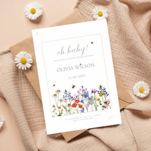 Modelo de chá de bebê Canva, download instantâneo para impressão, estilo aquarela, boho, minimalista moderno, para impressão, neutro, estilo de flores silvestres
