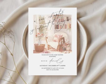 Bearbeitbar, ein neues Kapitel beginnt, Babypartyeinladung, druckbare Storybook-Babypartyeinladung, Buch-Babyparty, digitaler Download, Vorlage