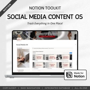 Op de afbeelding: Een laptop met een Notion toolkit voor social media content. Het scherm toont een content planner dashboard met secties voor content pillars, profiel thema/bio, content strategie en meer. Tekst bevat "Track Everything In One Place!"