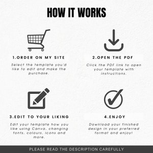 May include: Graphic with the title "HOW IT WORKS" and numbered steps. Step 1: Order on my site. Step 2: Open the PDF. Step 3: Edit to your liking. Step 4: Enjoy. Text at the bottom: Please read the description carefully.