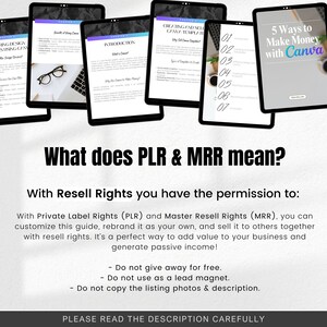 May include: A digital product guide with the text "What does PLR & MRR mean?" and "With Resell Rights you have the permission to:"  The guide explains the meaning of Private Label Rights (PLR) and Master Resell Rights (MRR).