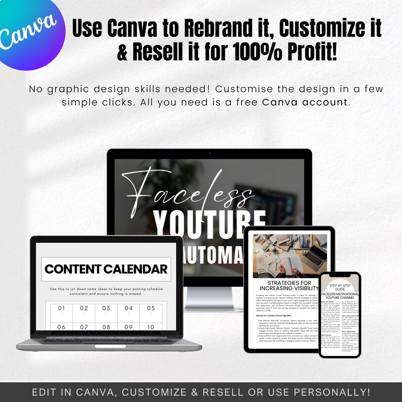 May include: A digital marketing resource kit for YouTube creators. The kit includes a content calendar, strategies for increasing visibility, and a step-by-step guide to creating a faceless YouTube channel. The kit is customizable and can be edited in Canva.