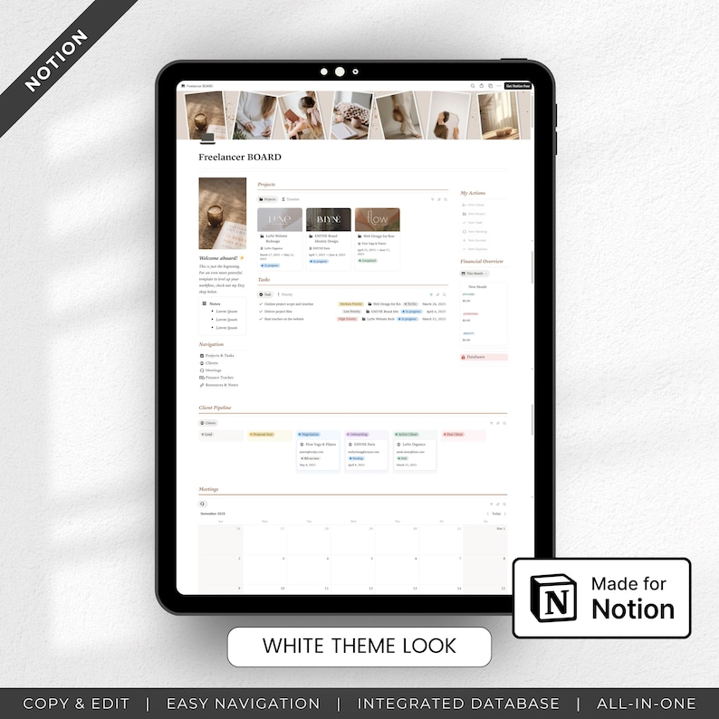 Puede incluir: Una tableta negra muestra un tablero de freelance de Notion con tema blanco. La pantalla muestra herramientas de gesti&oacute;n de proyectos, un calendario y el texto "Freelancer BOARD". La imagen incluye el texto "Made for Notion", "White Theme Look" y otras caracter&iacute;sticas.