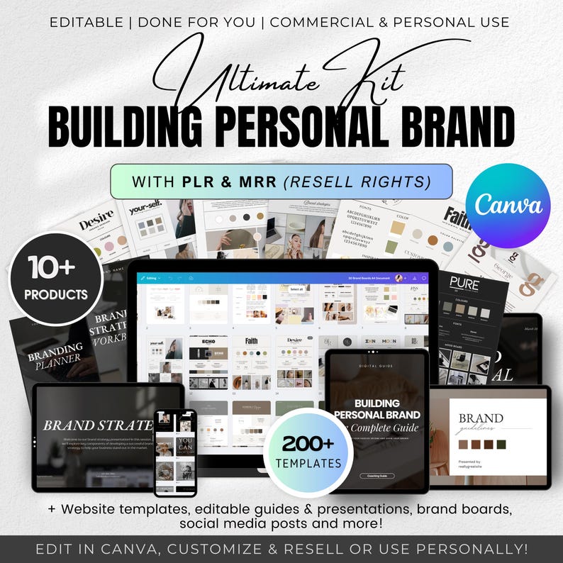 May include: A digital product kit for building a personal brand. The kit includes over 200 templates, guides, and presentations. The kit is editable in Canva and includes resell rights. The image shows a variety of templates, including branding planners, brand strategy worksheets, social media posts, and website templates.