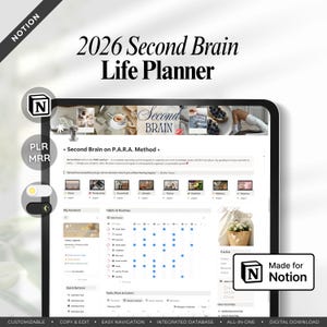 May include: A digital planner displayed on a tablet, with the title "2026 Second Brain Life Planner." The planner includes sections for productivity, household, lifestyle, fitness, nutrition, wellness, and finances. The planner is made for Notion.