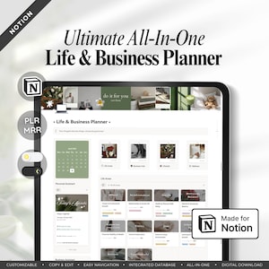 Może przedstawiać: Tablet cyfrowy wyświetla interfejs "Ultimate All-In-One Life & Business Planner". Ekran pokazuje kalendarz, kategorie obszarów życia i tekst "Made for Notion". Planer jest przeznaczony do pobrania cyfrowego i jest konfigurowalny.