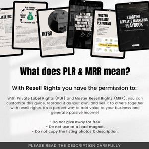 May include: A digital marketing guide with the text "What does PLR & MRR mean?" and "With Resell Rights you have the permission to:"  The guide explains the meaning of Private Label Rights (PLR) and Master Resell Rights (MRR).