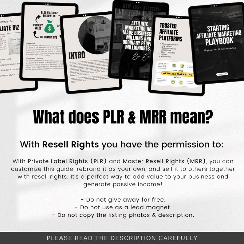 May include: A digital marketing guide with the text "What does PLR & MRR mean?" and "With Resell Rights you have the permission to:"  The guide explains the meaning of Private Label Rights (PLR) and Master Resell Rights (MRR).