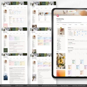 Op de afbeelding: Een digitale productiviteitssjabloon weergegeven op een tablet en meerdere computerschermen. De sjabloon bevat secties voor routines, projecten, vaardigheidstracking en notities. Het tabletscherm toont het woord "Productiviteit" en een kalender.