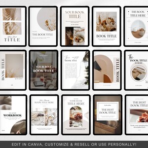 May include: A collection of 12 digital templates for book covers, featuring various design styles with neutral colors and minimalist elements. The templates include text placeholders for "Your Book Title", "The Book Title Here", and "The Best Book Title".