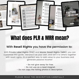 May include: A digital guide titled "Faceless YouTube Automations" with a table of contents and a section explaining the meaning of PLR and MRR, which stands for Private Label Rights and Master Resell Rights.