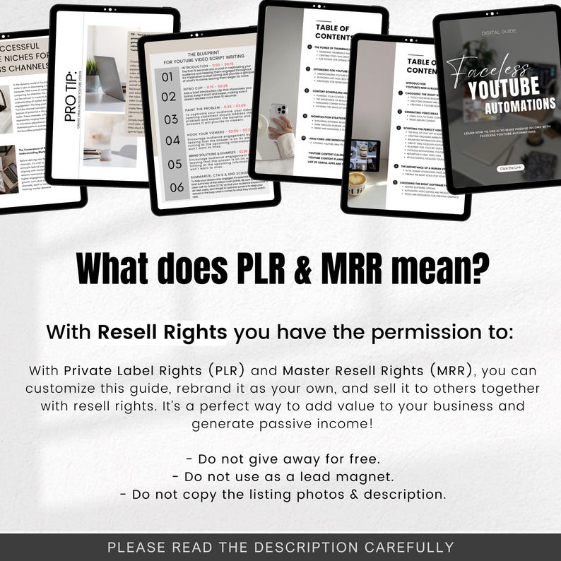 May include: A digital guide titled "Faceless YouTube Automations" with a table of contents and a section explaining the meaning of PLR and MRR, which stands for Private Label Rights and Master Resell Rights.