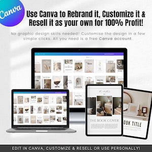 May include: A laptop, tablet, and phone screen displaying a variety of book cover templates in a minimalist style. The text on the screens reads "Use Canva to Rebrand it, Customize it & Resell it as your own for 100% Profit!" and "The Book Cover".