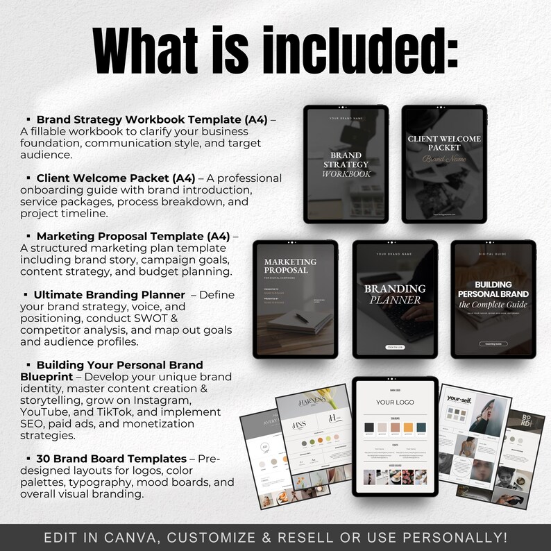 May include: A set of digital branding templates for businesses. The templates include a brand strategy workbook, client welcome packet, marketing proposal, branding planner, and 30 brand board templates. The templates are designed to help businesses create a cohesive brand identity and build a strong online presence. The text "EDIT IN CANVA, CUSTOMIZE & RESELL OR USE PERSONALLY!" is at the bottom of the image.