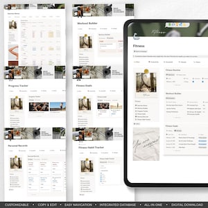 Peut inclure: Un planificateur de fitness num&eacute;rique affich&eacute; sur une tablette et un ordinateur portable. Le planificateur comprend des sections pour la biblioth&egrave;que d'exercices, le constructeur d'entra&icirc;nement, le suivi des progr&egrave;s, les objectifs de fitness, les dossiers personnels et le suivi des habitudes de fitness. Le texte "You are awesome!" est visible.