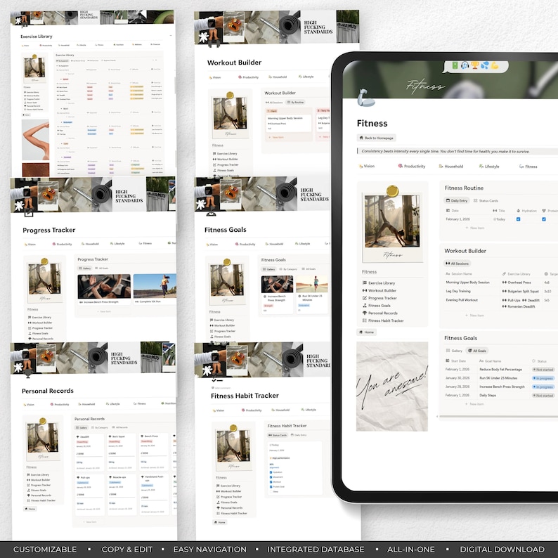 Peut inclure: Un planificateur de fitness num&eacute;rique affich&eacute; sur une tablette et un ordinateur portable. Le planificateur comprend des sections pour la biblioth&egrave;que d'exercices, le constructeur d'entra&icirc;nement, le suivi des progr&egrave;s, les objectifs de fitness, les dossiers personnels et le suivi des habitudes de fitness. Le texte "You are awesome!" est visible.
