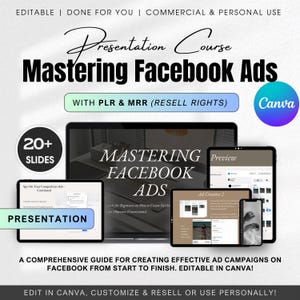 以下が含まれることがあります： 「Facebook広告マスター」というタイトルのデジタルマーケティングプレゼンテーションコースで、20枚以上のスライドがあります。このプレゼンテーションには、Facebookで効果的な広告キャンペーンを作成するためのガイドが含まれています。このコースはCanvaで編集可能で、PLR＆MRR（再販権）が含まれています。