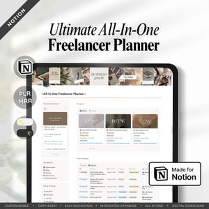 Könnte beinhalten: Eine digitale Notion-Vorlage mit dem Titel Ultimate All-In-One Freelancer Planner. Die Benutzeroberfläche zeigt Bereiche für persönliche Assistenten, Projekte und Aufgabenverwaltung mit einer Navigationsleiste. Enthält Textbeschriftungen wie PLR, MRR und Made for Notion.