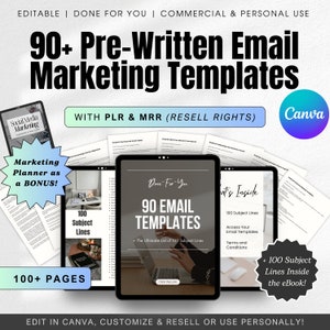 May include: A digital tablet screen displaying a mockup of an ebook cover with the title "90 Email Templates" and the text "The Ultimate List of 100 Subject Lines". The ebook cover is light blue with a white background and a picture of a woman's hand typing on a laptop. The text "Dose-For-You" is in a white box at the top of the cover. The image also includes a marketing planner as a bonus.