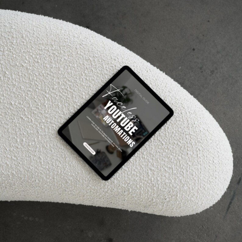 May include: A digital guide titled "Flawless YouTube Automations" on a tablet computer. The guide is a digital course for learning how to automate YouTube tasks.