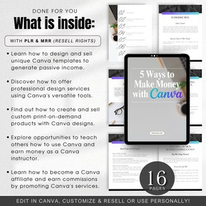 May include: A digital product mockup with a tablet displaying a graphic that says "5 Ways to Make Money with Canva". The text "What is inside: WITH PLR & MRR (RESELL RIGHTS)" is at the top of the image. The image also includes a list of five bullet points describing the contents of the digital product.