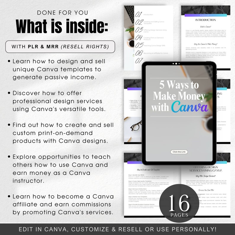 May include: A digital product mockup with a tablet displaying a graphic that says "5 Ways to Make Money with Canva". The text "What is inside: WITH PLR & MRR (RESELL RIGHTS)" is at the top of the image. The image also includes a list of five bullet points describing the contents of the digital product.