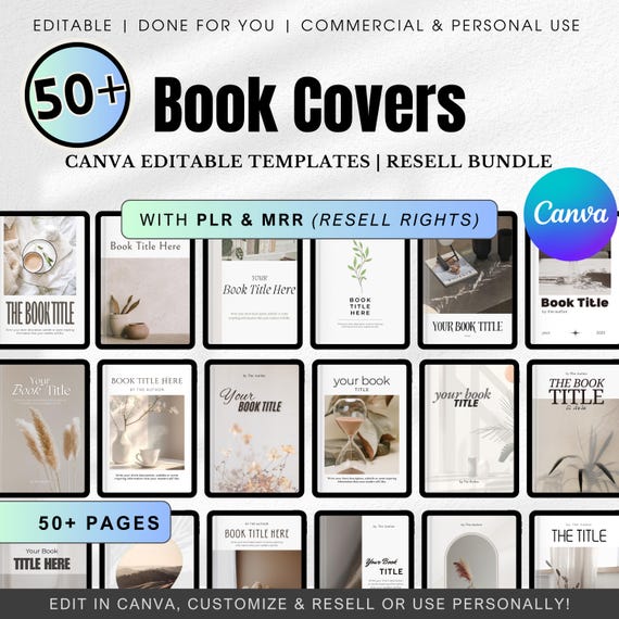 50+ Editable Canva Book Cover Title Page Templates Master Resell Rights PLR MRR Digital eBook Cover Page Unique Resell Book Covers DFY Title