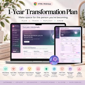 May include: A digital 1-Year Transformation Plan displayed on a laptop and tablet screen. The interface features purple and white themes with text including 'Your year, intentionally' and 'Become someone you're proud to be.' Icons represent features like goal setting, habit tracking, and digital downloads.