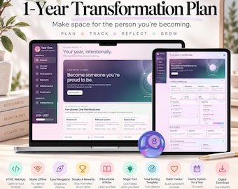 Year One Transformation Planner | Interactive HTML Digital Planner for Goals, Habits, Personal Growth & Life Planning