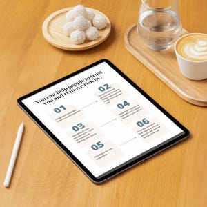 Pu&ograve; includere: Un tablet che mostra un elenco di sei modi per aiutare le persone a fidarsi di te ed eliminare il rischio. L'elenco include l'utilizzo di prove sociali, l'utilizzo di garanzie di rimborso, l'appello agli studi, l'appello a figure di autorit&agrave;, la fornitura delle proprie credenziali e il fare ci&ograve; che si ritiene che le persone siano pi&ugrave; propense a rischiare e ad acquistare da te.