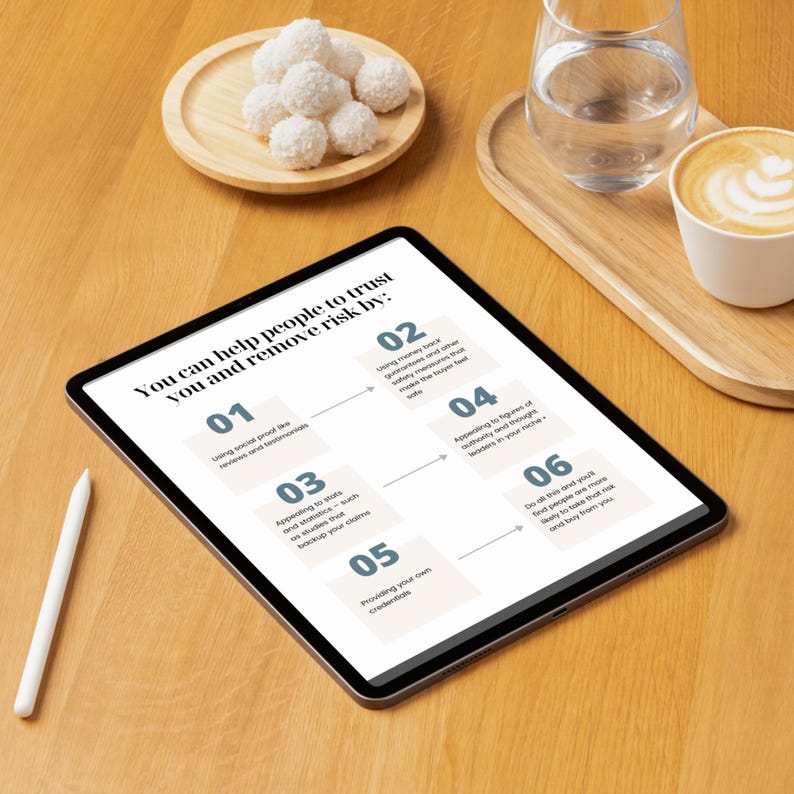 Pu&ograve; includere: Un tablet che mostra un elenco di sei modi per aiutare le persone a fidarsi di te ed eliminare il rischio. L'elenco include l'utilizzo di prove sociali, l'utilizzo di garanzie di rimborso, l'appello agli studi, l'appello a figure di autorit&agrave;, la fornitura delle proprie credenziali e il fare ci&ograve; che si ritiene che le persone siano pi&ugrave; propense a rischiare e ad acquistare da te.