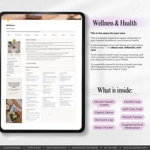 Peut inclure: Un planificateur de bien-&ecirc;tre num&eacute;rique affich&eacute; sur une tablette. L'&eacute;cran pr&eacute;sente un tableau de bord de sant&eacute; et de bien-&ecirc;tre avec des sections pour la sant&eacute; mentale, le suivi du sommeil et les soins personnels. Le texte comprend "Wellness & Health" et "What is inside:" avec divers outils li&eacute;s &agrave; la sant&eacute;.