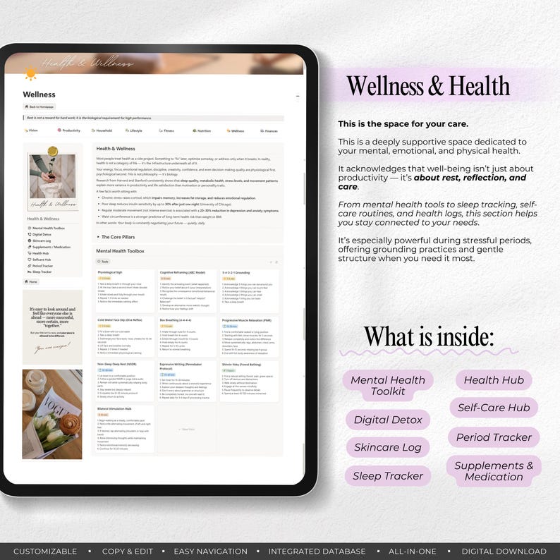 Peut inclure: Un planificateur de bien-&ecirc;tre num&eacute;rique affich&eacute; sur une tablette. L'&eacute;cran pr&eacute;sente un tableau de bord de sant&eacute; et de bien-&ecirc;tre avec des sections pour la sant&eacute; mentale, le suivi du sommeil et les soins personnels. Le texte comprend "Wellness & Health" et "What is inside:" avec divers outils li&eacute;s &agrave; la sant&eacute;.