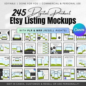 May include: A collection of 245 digital product Etsy listing mockups with a green and blue landscape background. The mockups are designed to be used with Canva and include PLR & MRR (Resell Rights).