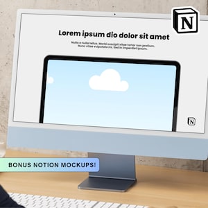 Peut inclure: Un &eacute;cran d'ordinateur bleu clair affichant une maquette avec le texte "Lorem ipsum dio dolor sit amet" et un nuage. L'&eacute;cran affiche &eacute;galement le logo Notion. Le texte "BONUS NOTION MOCKUPS!" est sur une banni&egrave;re en dessous.