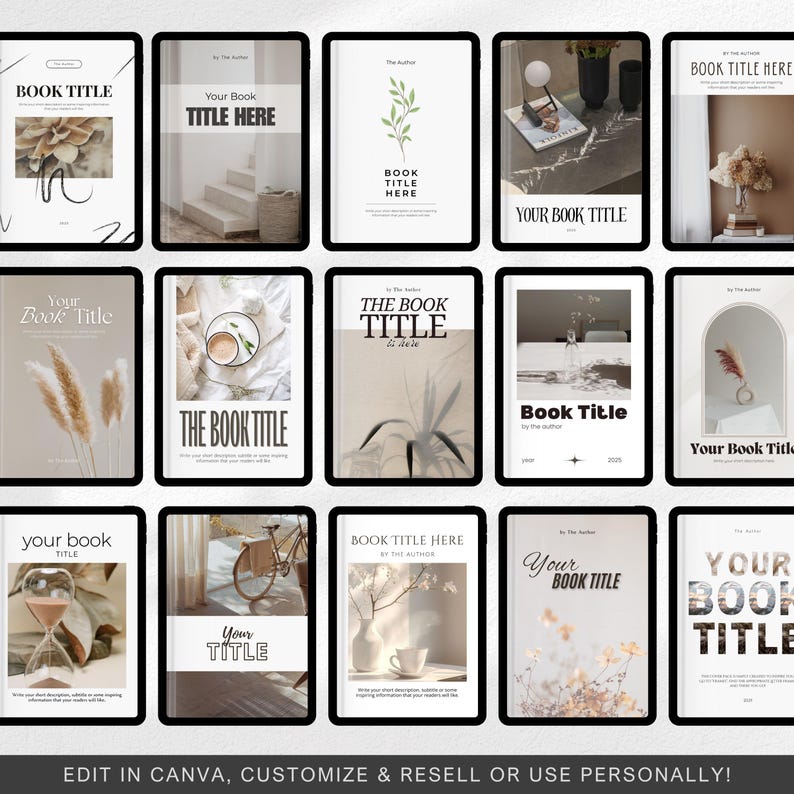 May include: A collection of 12 book cover templates featuring various minimalist designs with neutral colors and natural elements like plants, feathers, and a cup of coffee. The text "BOOK TITLE" appears on each template.