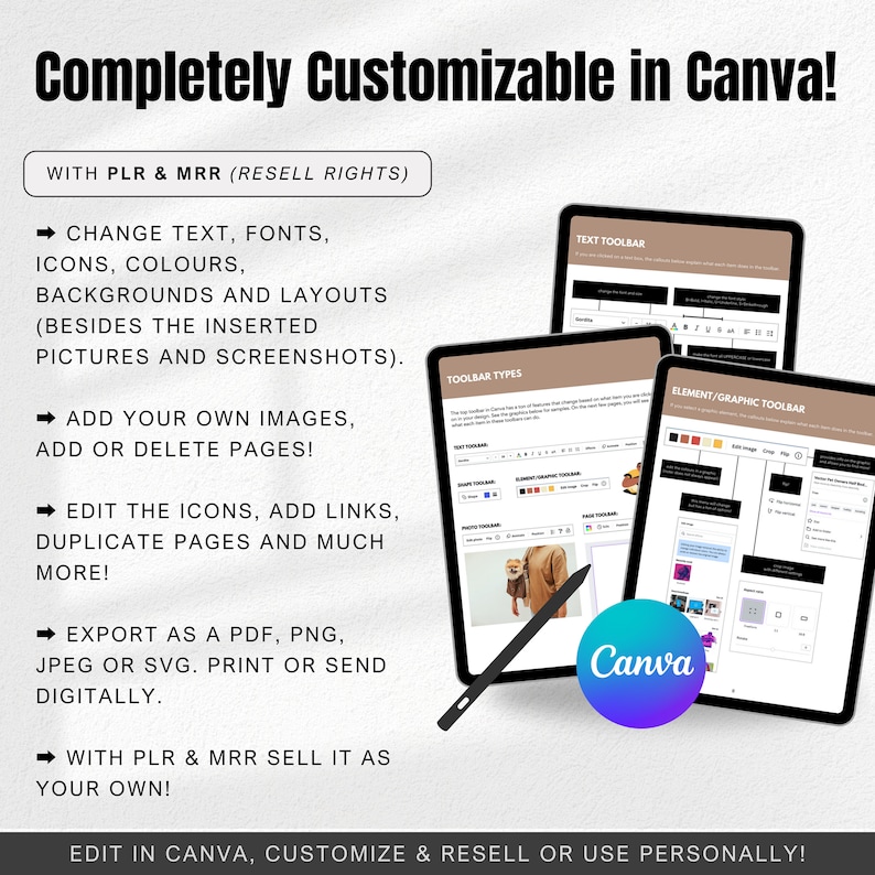 May include: Image showcasing three tablets displaying Canva's interface, with a stylus. Text highlights customization options: change text, fonts, colors, backgrounds, layouts, add images, edit icons, export as PDF, PNG, JPEG, or SVG. The Canva logo is visible.