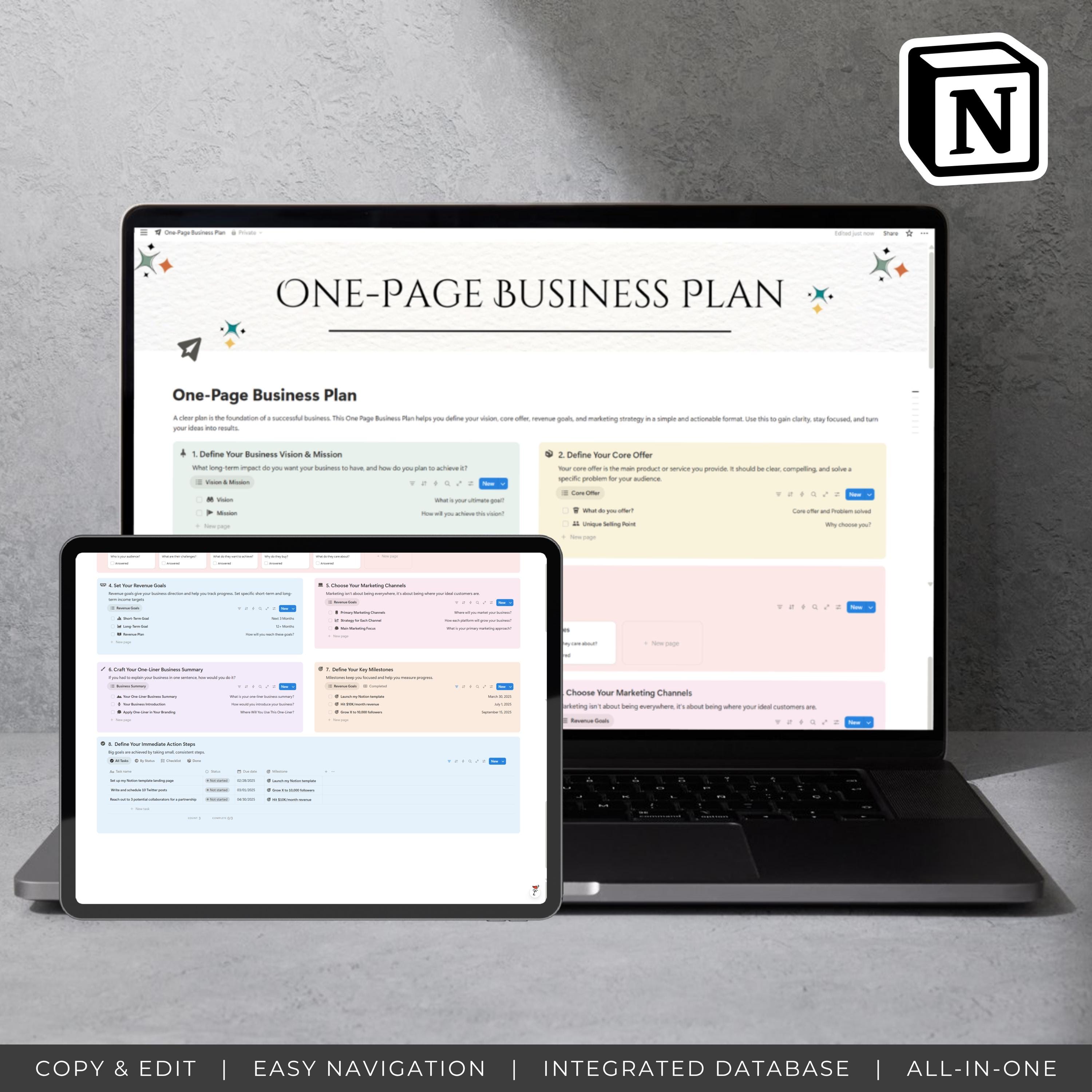 One-page Notion Business Plan Template | Work Planner Dashboard ...